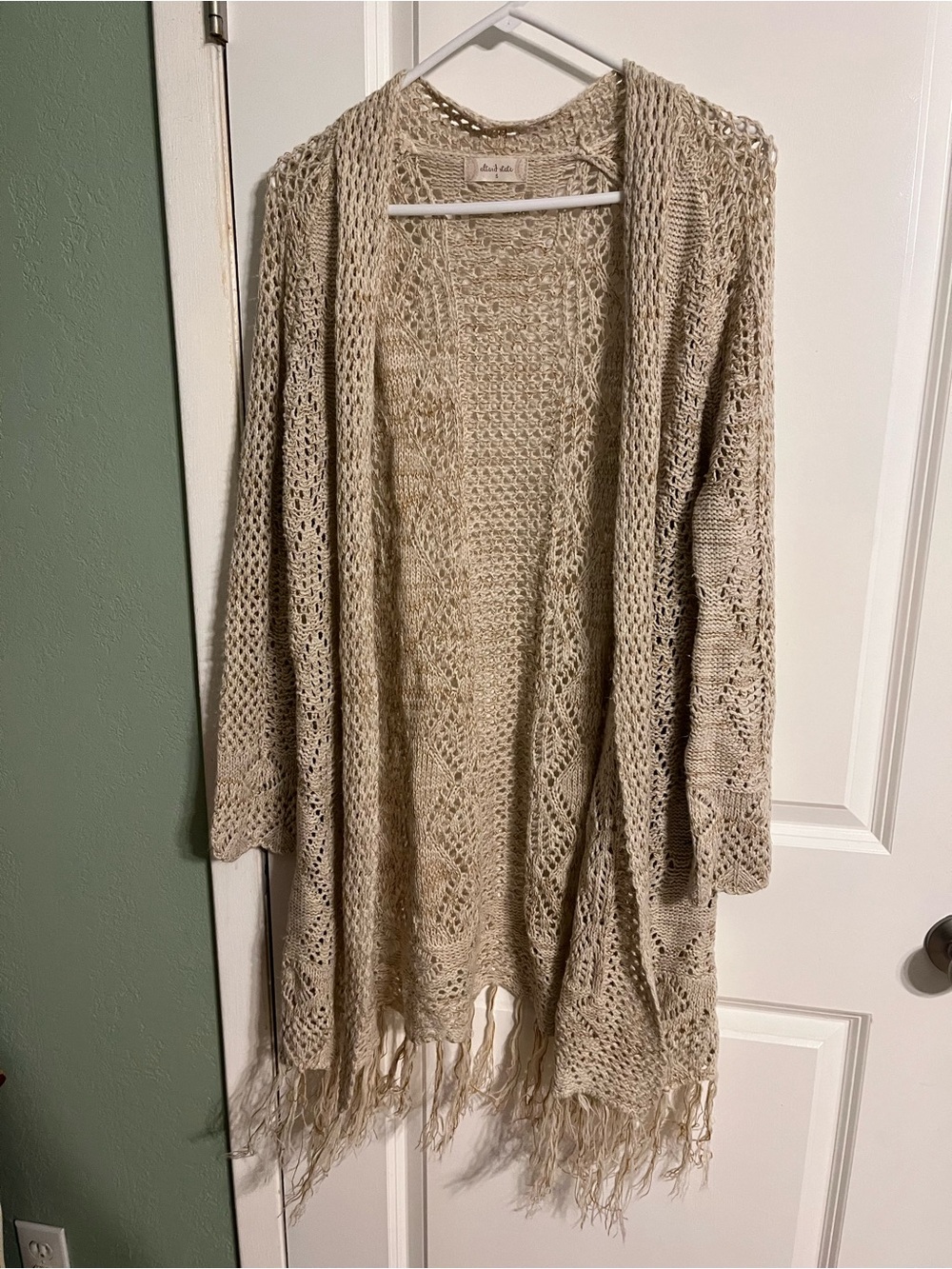 Altar'd State Beige Open-Knit Fringe Cardigan